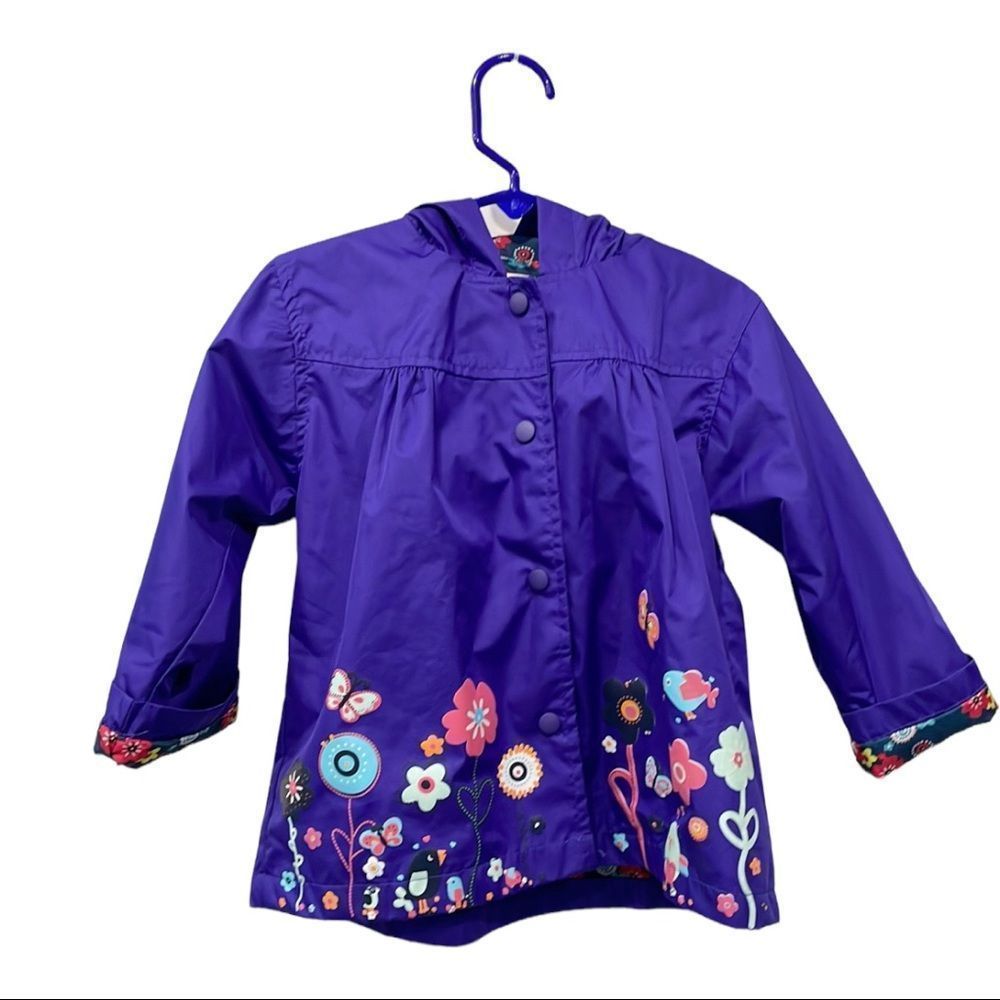 Arshiner Girls Raincoat Floral‎ Lined Hooded Purple Sz 90 Toddler